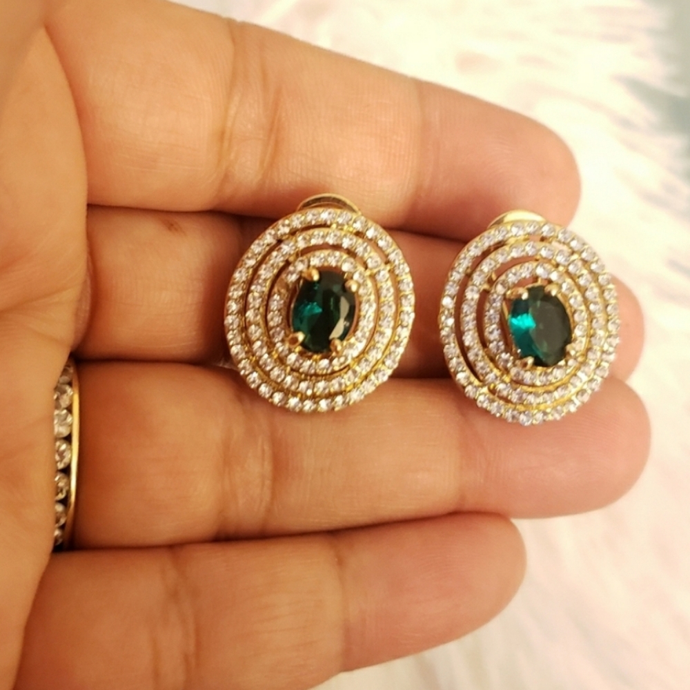 Round Emerald Green and White CZ Earrings - Picture 5 of 6